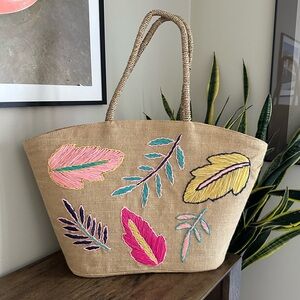 Straw Embroidered Leaf Design beach Bag.